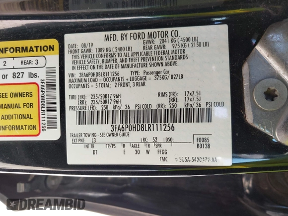 2020 Ford Fusion SE with VIN 3FA6P0HD8LR111256, listed as a IAAI auction lot 42032725 with 98,822 mi miles. Bid and sale history available at carsss.com. Image 9.