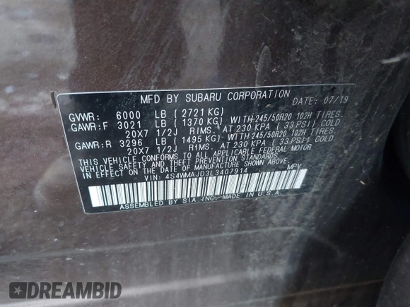 2020 Subaru Ascent Limited z VIN 4S4WMAJD3L3407914, wystawiony jako IAAI lot #42174699 z przebiegiem 82 767 mil mil oraz . Historia ofert i sprzedaży dostępna na DreamBid. Obrazek 9.