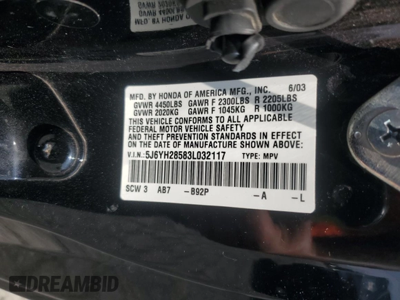 2003 Honda Element EX z VIN 5J6YH28583L032117, wystawiony jako Copart lot #59936045 z przebiegiem 171 850 mil mil oraz Szkoda całkowita • Salvage title. Historia ofert i sprzedaży dostępna na DreamBid. Obrazek 14.