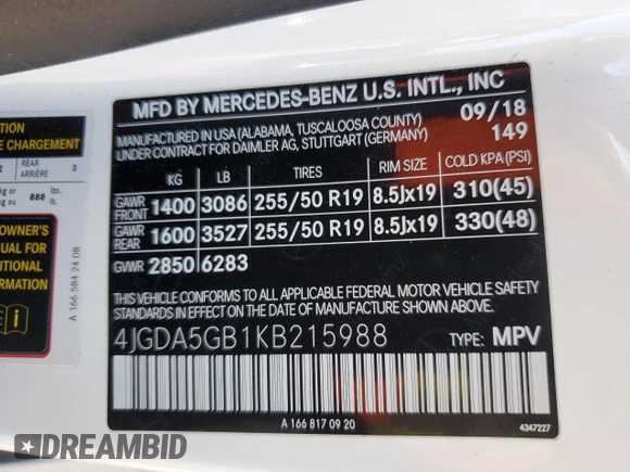2019 Mercedes-Benz GLE 400 with VIN 4JGDA5GB1KB215988, listed as a Copart auction lot 85997784 with 49,906 mi miles and Salvage title. Bid and sale history available at DreamBid. Image 13.