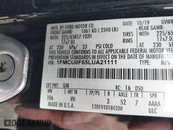 2020 Ford Escape S with VIN 1FMCU0F65LUA21111, listed as a IAAI auction lot 42371480 with 60,988 mi miles and . Bid and sale history available at DreamBid. Image 9.