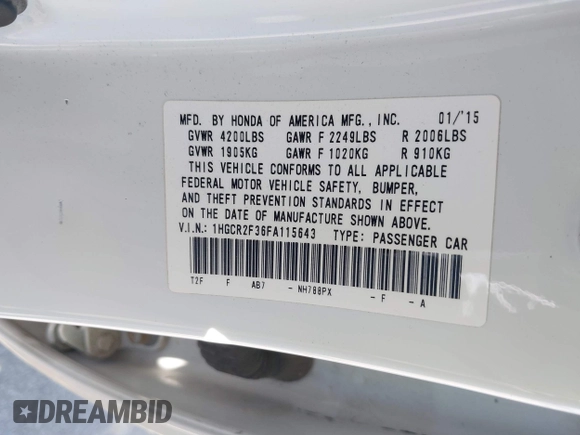 2015 Honda Accord LX with VIN 1HGCR2F36FA115643, listed as a IAAI auction lot 41995850 with 116,728 mi miles and . Bid and sale history available at DreamBid. Image 9.