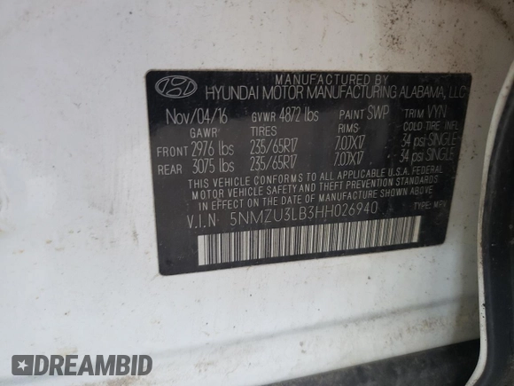 2017 Hyundai Santa Fe 2.4L with VIN 5NMZU3LB3HH026940, listed as a Copart auction lot 59504215 with 120,093 mi miles and Clean title. Bid and sale history available at DreamBid. Image 13.