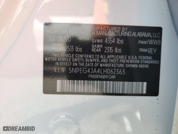 2020 Hyundai Sonata SE with VIN 5NPEG4JA4LH062363, listed as a Copart auction lot 44437125 with 0 mi miles and Salvage Title. Bid and sale history available at carsss.com. Image 13.