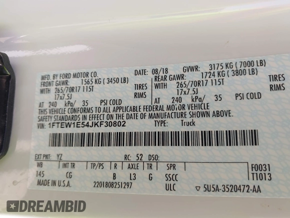 2018 Ford F-150 XL with VIN 1FTEW1E54JKF30802, listed as a IAAI auction lot 42417270 with 67,956 mi miles and . Bid and sale history available at DreamBid. Image 9.
