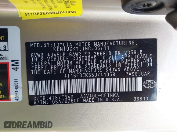 2011 Toyota Camry LE with VIN 4T1BF3EK5BU741058, listed as a IAAI auction lot 42081019 with 169,785 mi miles. Bid and sale history available at carsss.com. Image 9.