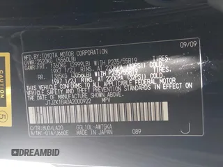 2010 Lexus RX 350 with VIN JTJZK1BA0A2000922, listed as a IAAI auction lot 42666790 with 189,444 mi miles and . Bid and sale history available at DreamBid. Image 9.