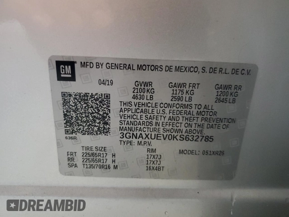 2019 Chevrolet Equinox LT z VIN 3GNAXUEV0KS632785, wystawiony jako Copart lot #42589665 z przebiegiem 86 875 mil mil oraz Szkoda całkowita • Salvage title. Historia ofert i sprzedaży dostępna na DreamBid. Obrazek 15.