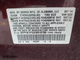 2014 Honda Ridgeline RTL with VIN 5FPYK1F52EB010700, listed as a IAAI auction lot 41490401 with 180,947 mi miles. Bid and sale history available at carsss.com. Image 9.