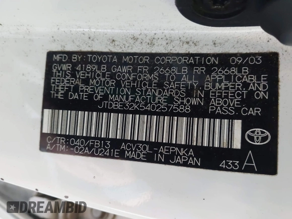 2004 Toyota Camry LE with VIN JTDBE32K540257588, listed as a IAAI auction lot 42208098 with 201,770 mi miles and . Bid and sale history available at DreamBid. Image 9.