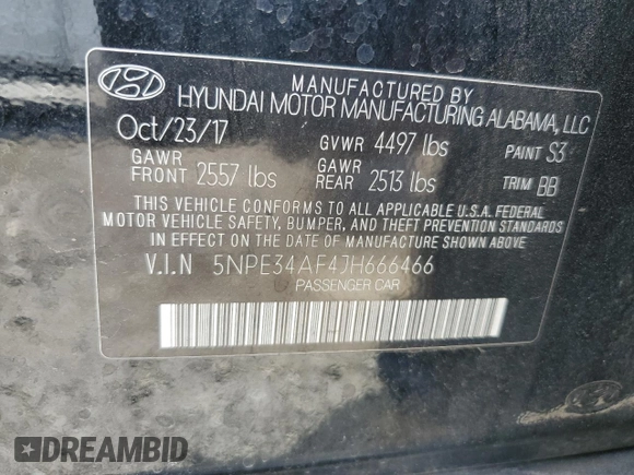 2018 Hyundai Sonata SEL with VIN 5NPE34AF4JH666466, listed as a Copart auction lot 51735175 with 76,997 mi miles and Salvage Title. Bid and sale history available at DreamBid. Image 13.