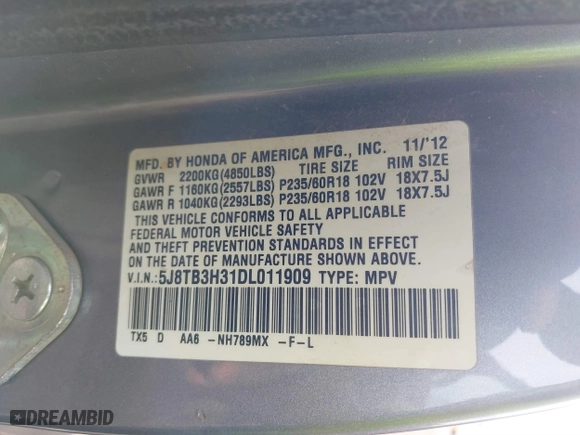 2013 Acura RDX with VIN 5J8TB3H31DL011909, listed as a IAAI auction lot 41006523 with 137,864 mi miles. Bid and sale history available at carsss.com. Image 9.