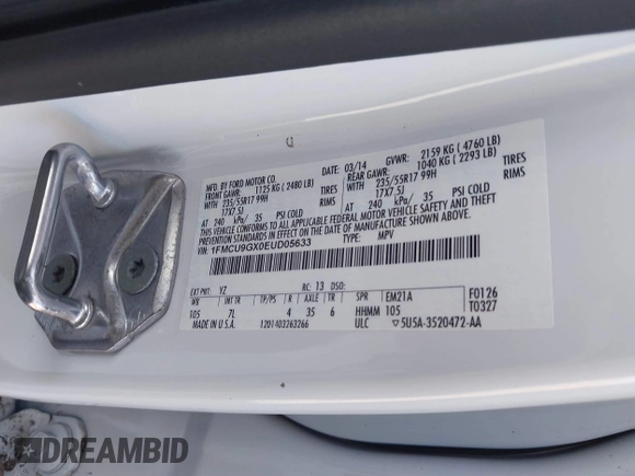 2014 Ford Escape SE with VIN 1FMCU9GX0EUD05633, listed as a IAAI auction lot 41582757 with 103,729 mi miles. Bid and sale history available at carsss.com. Image 9.