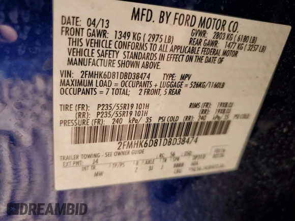 2013 Ford Flex Limited with VIN 2FMHK6D81DBD38474, listed as a Copart auction lot 44733335 with 125,856 mi miles and Salvage Title. Bid and sale history available at carsss.com. Image 13.