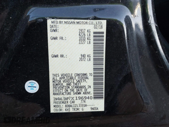 2018 Nissan Altima 2.5 S with VIN 1N4AL3AP7JC196940, listed as a IAAI auction lot 41767112 with 124,736 mi miles. Bid and sale history available at carsss.com. Image 9.