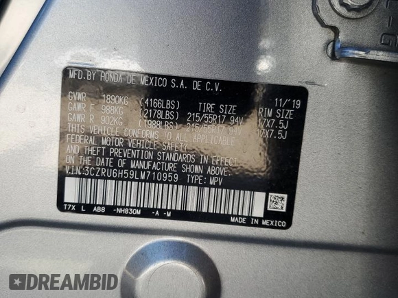 2020 Honda HR-V EX with VIN 3CZRU6H59LM710959, listed as a Copart auction lot 88270635 with 44,764 mi miles and Salvage Title. Bid and sale history available at carsss.com. Image 13.