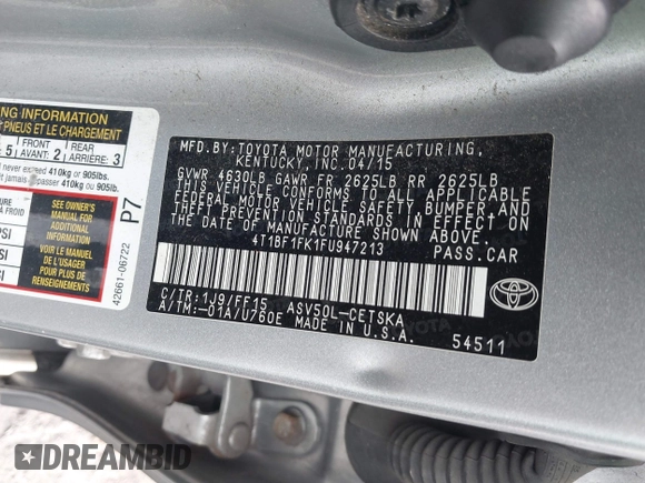 2015 Toyota Camry XLE with VIN 4T1BF1FK1FU947213, listed as a IAAI auction lot 42124396 with 246,344 mi miles and . Bid and sale history available at DreamBid. Image 9.