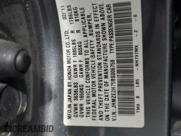 2011 Honda Insight EX with VIN JHMZE2H75BS006758, listed as a Copart auction lot 50390685 with 186,940 mi miles and Non Repairable. Bid and sale history available at DreamBid. Image 13.