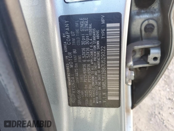 2007 Hyundai Tucson GLS with VIN KM8JM12B87U529322, listed as a Copart auction lot 76936004 with 173,251 mi miles and Salvage Title. Bid and sale history available at carsss.com. Image 13.