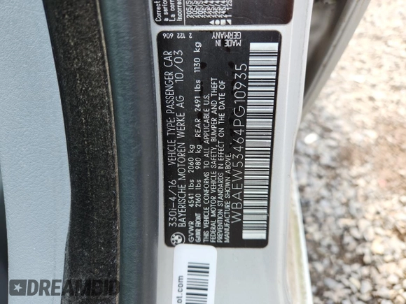 2004 BMW 3 Series 330xi with VIN WBAEW53464PG10935, listed as a Copart auction lot 63155905 with 165,240 mi miles and Clean title. Bid and sale history available at DreamBid. Image 12.