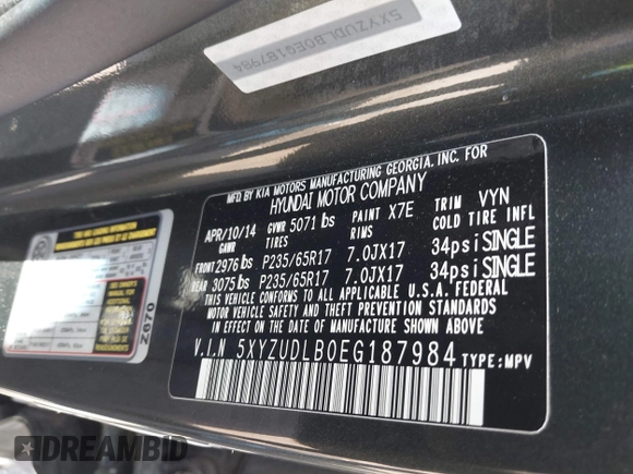 2014 Hyundai Santa Fe with VIN 5XYZUDLB0EG187984, listed as a IAAI auction lot 42607599 with 111,594 mi miles and . Bid and sale history available at DreamBid. Image 9.