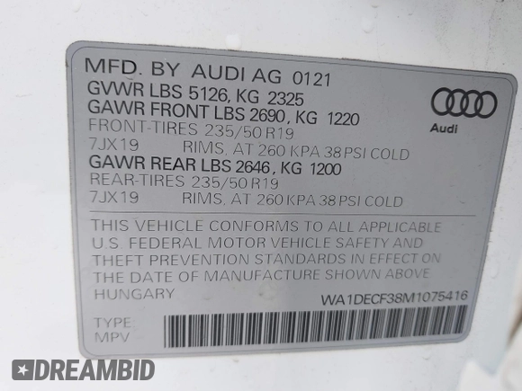 2021 Audi Q3 S line Premium with VIN WA1DECF38M1075416, listed as a IAAI auction lot 41582497 with 78,417 mi miles. Bid and sale history available at carsss.com. Image 9.
