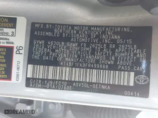 2015 Toyota Camry XLE with VIN 4T4BF1FK9FR499888, listed as a IAAI auction lot 41676657 with 148,310 mi miles. Bid and sale history available at carsss.com. Image 9.