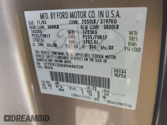 2004 Ford F-150 XL с VIN 1FTPX12504NA86539, выставлен на аукционе IAAI как лот 42430936 с пробегом 196 277 миль миль и . История ставок и продаж доступна на DreamBid. Изображение 9.