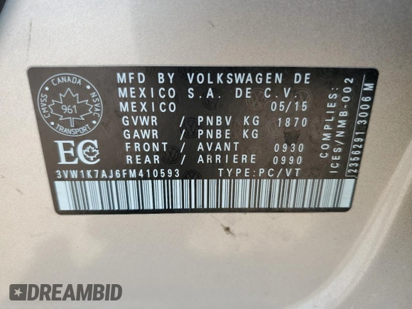 2015 Volkswagen Jetta S с VIN 3VW1K7AJ6FM410593, выставлен на аукционе Copart как лот 54494785 с пробегом 114 821 миль миль и Списание • Salvage title. История ставок и продаж доступна на DreamBid. Изображение 12.