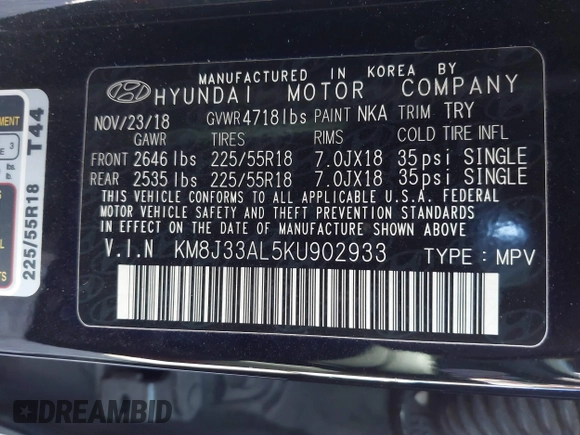 2019 Hyundai Tucson Sport with VIN KM8J33AL5KU902933, listed as a IAAI auction lot 41286316 with 73,799 mi miles. Bid and sale history available at carsss.com. Image 9.