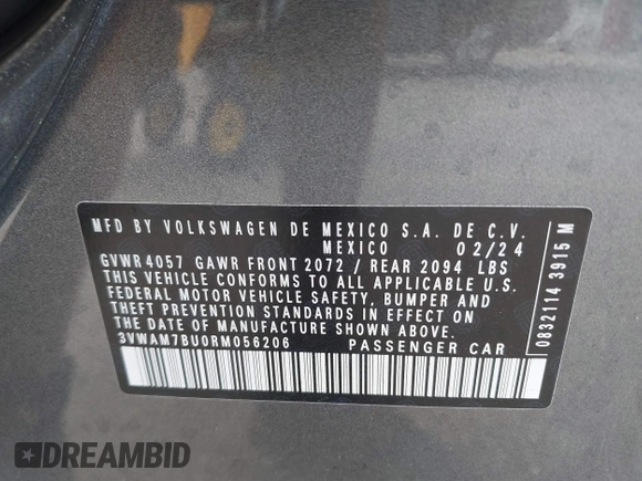 2024 Volkswagen Jetta Sport z VIN 3VWAM7BU0RM056206, wystawiony jako IAAI lot #41115217 z przebiegiem 3 162 mil mil oraz . Historia ofert i sprzedaży dostępna na DreamBid. Obrazek 9.