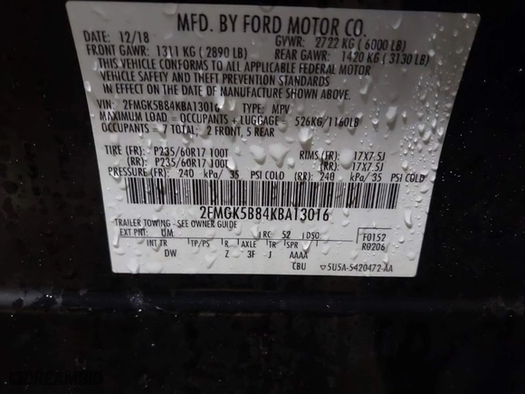 2019 Ford Flex SE with VIN 2FMGK5B84KBA13016, listed as a IAAI auction lot 41820940 with 67,237 mi miles. Bid and sale history available at carsss.com. Image 9.