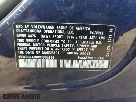 2012 Volkswagen Passat SE z VIN 1VWBH7A36CC085414, wystawiony jako Copart lot #56367125 z przebiegiem 158 442 mil mil oraz Szkoda całkowita • Salvage title. Historia ofert i sprzedaży dostępna na DreamBid. Obrazek 12.