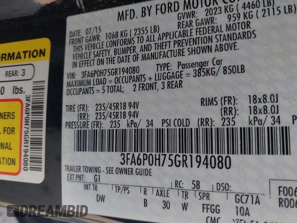 2016 Ford Fusion SE with VIN 3FA6P0H75GR194080, listed as a IAAI auction lot 42042169 with 157,450 mi miles. Bid and sale history available at carsss.com. Image 9.