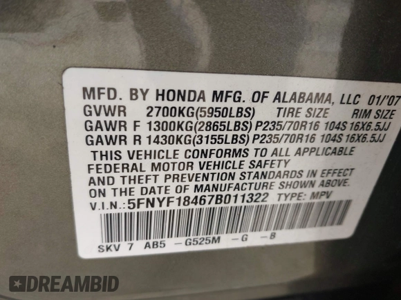 2007 Honda Pilot EX with VIN 5FNYF18467B011322, listed as a IAAI auction lot 41827314 with 253,222 mi miles. Bid and sale history available at carsss.com. Image 9.