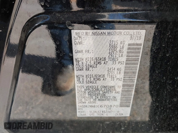 2018 Nissan Pathfinder SL with VIN 5N1DR2MN8JC670870, listed as a IAAI auction lot 42269519 with 55,414 mi miles and . Bid and sale history available at DreamBid. Image 9.