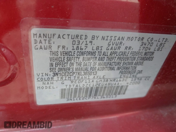 2019 Nissan Note SV with VIN 3N1CE2CP7KL365013, listed as a IAAI auction lot 42068720 with 154,103 mi miles and . Bid and sale history available at DreamBid. Image 9.