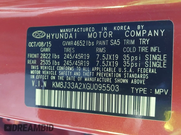 2016 Hyundai Tucson Limited with VIN KM8J33A2XGU095503, listed as a IAAI auction lot 41867884 with 73,600 mi miles. Bid and sale history available at carsss.com. Image 9.