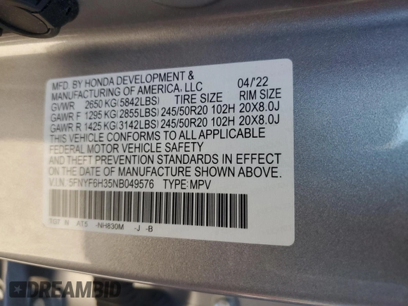 2022 Honda Pilot Sport with VIN 5FNYF6H35NB049576, listed as a Copart auction lot 87118524 with 36,038 mi miles and Salvage Title. Bid and sale history available at DreamBid. Image 13.