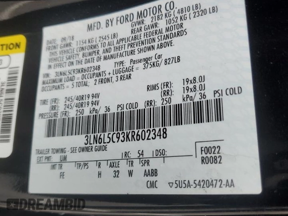 2019 Lincoln MKZ Reserve I with VIN 3LN6L5C93KR602348, listed as a Copart auction lot 42634335 with 106,182 mi miles and Salvage title. Bid and sale history available at DreamBid. Image 14.