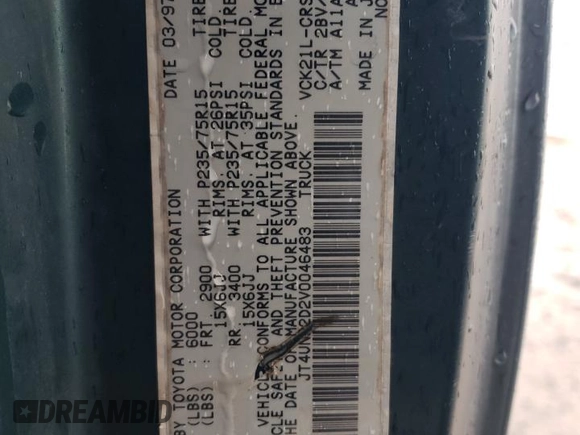 1997 Toyota T100 DX with VIN JT4UN22D2V0046483, listed as a Copart auction lot 45107095 with 247,665 mi miles and Clean Title. Bid and sale history available at DreamBid. Image 12.