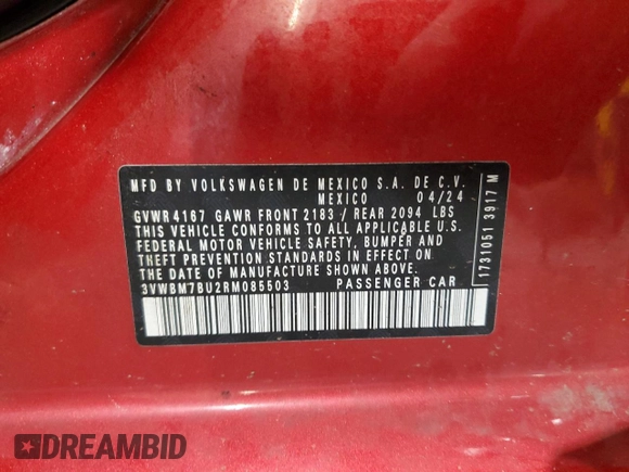 2024 Volkswagen Jetta Sport with VIN 3VWBM7BU2RM085503, listed as a Copart auction lot 58927395 with 1,846 mi miles and Salvage title. Bid and sale history available at DreamBid. Image 12.