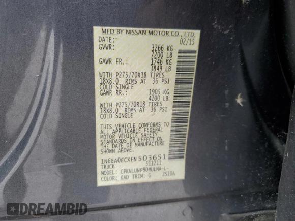 2015 Nissan Titan SV with VIN 1N6BA0ECXFN503651, listed as a Copart auction lot 88101695 with 120,649 mi miles and Salvage title. Bid and sale history available at DreamBid. Image 13.