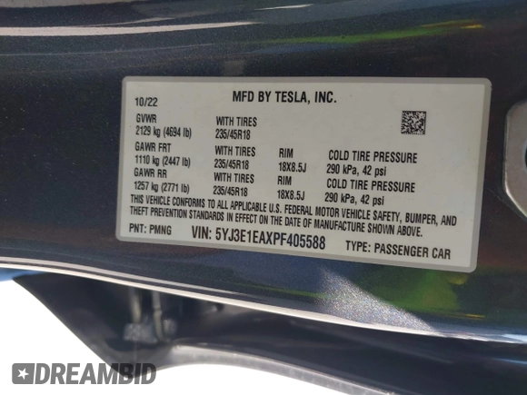 2023 Tesla Model 3 with VIN 5YJ3E1EAXPF405588, listed as a IAAI auction lot 42348952 with 30,788 mi miles and . Bid and sale history available at DreamBid. Image 9.