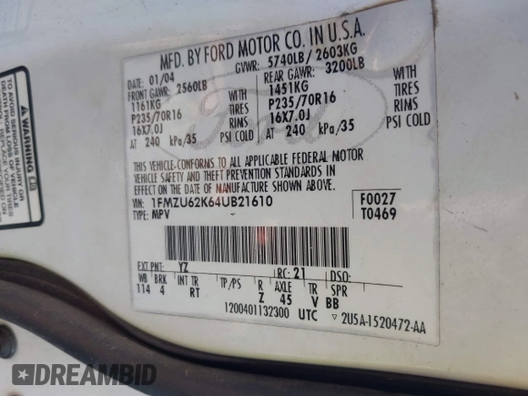 2004 Ford Explorer XLS with VIN 1FMZU62K64UB21610, listed as a IAAI auction lot 41754063 with 203,591 mi miles and . Bid and sale history available at DreamBid. Image 9.