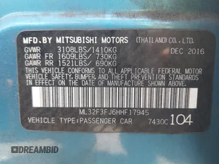 2017 Mitsubishi Mirage ES z VIN ML32F3FJ6HHF17945, wystawiony jako IAAI lot #42182591 z przebiegiem 83 145 mil mil oraz . Historia ofert i sprzedaży dostępna na DreamBid. Obrazek 9.