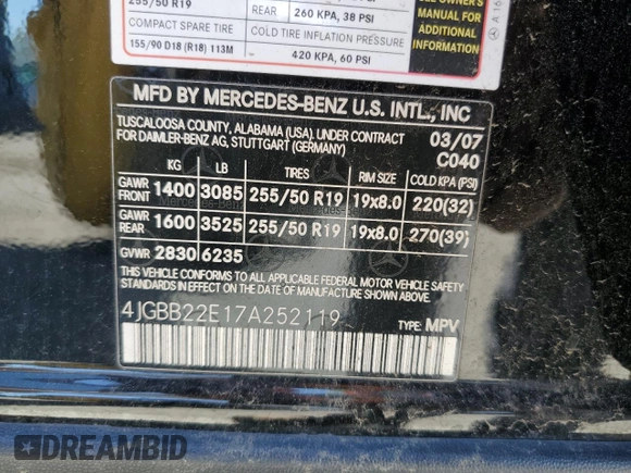 2007 Mercedes-Benz M 320 CDI with VIN 4JGBB22E17A252119, listed as a Copart auction lot 50244195 with 157,835 mi miles and Clean Title. Bid and sale history available at carsss.com. Image 13.