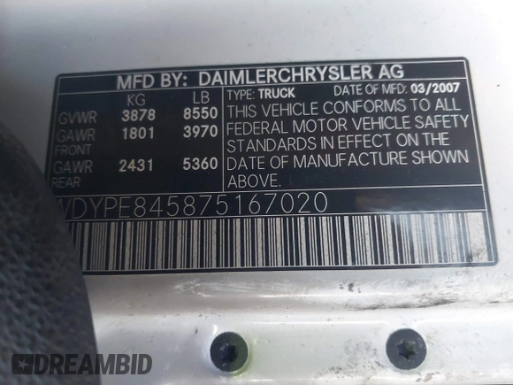 2007 Freightliner Sprinter with VIN WDYPE845875167020, listed as a IAAI auction lot 41767586 with 90,600 mi miles and . Bid and sale history available at DreamBid. Image 9.