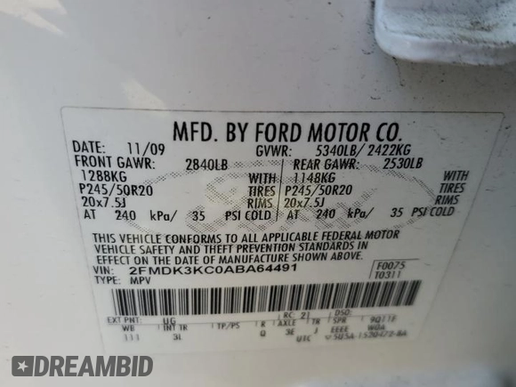 2010 Ford Edge Limited with VIN 2FMDK3KC0ABA64491, listed as a Copart auction lot 50822825 with 159,415 mi miles and Clean Title. Bid and sale history available at carsss.com. Image 13.