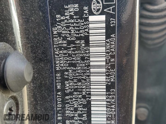 2019 Toyota Corolla L with VIN 2T1BURHEXKC167640, listed as a Copart auction lot 57276495 with 151,944 mi miles and Salvage title. Bid and sale history available at DreamBid. Image 12.